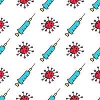 vektor sömlösa mönster på ett medicinskt tema i doodle stil. coronavirus och en vaccinspruta på en vit bakgrund