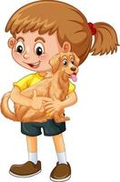 glückliche Mädchenkarikaturfigur, die einen niedlichen Hund umarmt vektor
