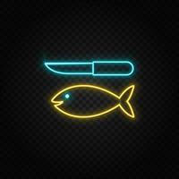 Fisch und ein Messer. Blau und Gelb Neon- Vektor Symbol. transparent Hintergrund.