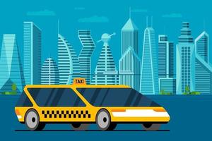futuristisk gul bil på framtida stadsbildsväg. autonom få taxi hytt fordonstjänst i smart stad med skyskrapor och torn. platt vektorillustration vektor