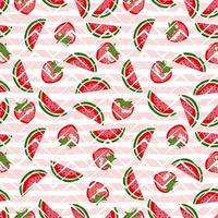 Nahtloses Muster der Wassermelone und der Erdbeere auf geometrischem Hintergrund. helles Sommermuster. Karikaturvektorfruchthintergrund für Stoff, Geschenkpapier und Telefonkasten. vektor