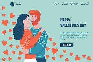 Happy Valentinstag Landing Page Vektor Vorlage. Liebespaar Umarmungen. Ein Date, ein verliebter Mann und eine verliebte Frau feiern. flache Vektorillustration