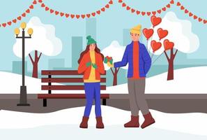 ein paar tauschen geschenke aus und küssen sich in einem winterpark. Ein junger Mann und eine junge Frau feiern den Valentinstag. flache Vektorillustration. vektor