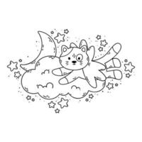 Katze mit Flügeln fliegt an der Wolke, dem Mond und den Sternen vorbei. Vektorillustration für Malbuch lokalisiert auf weißem Hintergrund. Gute Nacht Kinderzimmer Bild. vektor