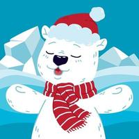 söt isbjörn i norr med jultomten hatt och halsduk. gott nytt år och god jul hälsning vykort. vektor illustration isolerade bakgrund.