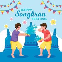 två barn firar songkran festival vektor