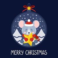 Weihnachtsball mit dem Bild der Ratte, die einen gelben Stern hält vektor