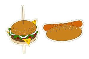 ein Aufkleber Pack von 2 Beliebt schnell Essen Elemente im modisch Farbe Kombinationen von Hamburger und heiß Hund vektor