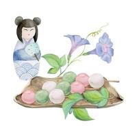 Aquarell Hand gezeichnet traditionell japanisch Süßigkeiten. Sommer- gut, Morgen Ruhm, Kokeshi Puppe. isoliert auf Weiß Hintergrund. Design zum Einladungen, Restaurant Speisekarte, Gruß Karten, drucken, Textil- vektor