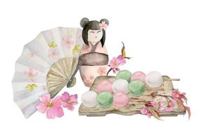 Aquarell Hand gezeichnet traditionell japanisch Süßigkeiten. Keramik Gericht, Frühling Neri-Kiri, mochi, Objekte. isoliert auf Weiß Hintergrund. Design zum Einladungen, Restaurant Speisekarte, Gruß Karten, drucken, Textil- vektor
