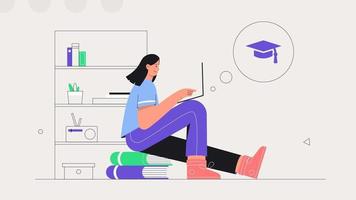 Schüler lernen online zu Hause. junge Frau sitzt auf einem Stapel Bücher und studiert online auf einem Laptop. flache Artvektorillustration. das Konzept des Fernunterrichts. vektor