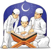 Kinderfamilie lernen, das islamische heilige Buch des Korans im Ramadan-Cartoon zu lesen vektor