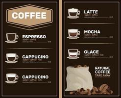 kaffemeny med prislista. typer av kaffe beredning med kopp. vektor. mall reklamblad. vektor