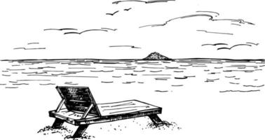 skön hand dragen semester affisch med hav och strand se, skiss. de strand stol är på de sand. vektor