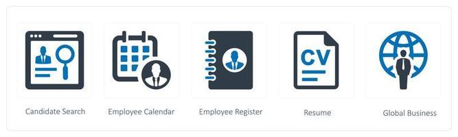 ein einstellen von 5 Mensch Ressource Symbole eine solche wie Kandidat suchen, Mitarbeiter Kalender und Mitarbeiter registrieren vektor