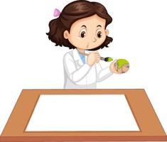 söt tjej som bär vetenskapsuniform med tomt papper på bordet vektor