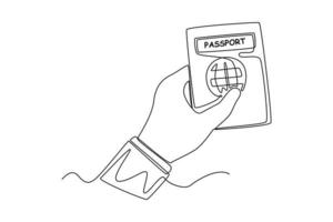 kontinuerlig ett linje teckning hand innehav pass. flygplats aktiviteter begrepp. enda linje dra design vektor grafisk illustration.