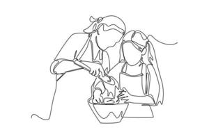 kontinuerlig en linje teckning av en mor matlagning mat med henne dotter. kök aktivitet begrepp enda linje dra design grafisk vektor illustration