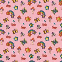 retro nahtlos Muster, groovig Hippie Hintergründe. Karikatur funky drucken mit Schmetterlinge, Sonne, Regenbogen, Blumen, Pilze. vektor