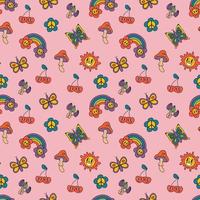 retro sömlös mönster, häftig hippie bakgrunder. tecknad serie skraj skriva ut med fjärilar, Sol, regnbåge, blommor, svamp. vektor