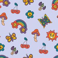 retro nahtlos Muster, groovig Hippie Hintergründe. Karikatur funky drucken mit Schmetterlinge, Sonne, Regenbogen, Blumen, Pilze. vektor