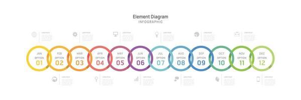 Infografik Vorlage zum Geschäft. 12 Monate modern Zeitleiste Element Diagramm Kalender, 4 Quartal Schritte Meilenstein Präsentation Vektor Infografik.