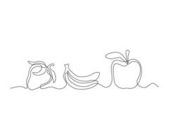 frukt uppsättning, banan, äpple, jordgubb kontinuerlig ett linje teckning vektor