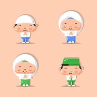 Illustrationssatz von muslimischen Charakteren von Jungen und Mädchen. Ramadan-Maskottchen vektor