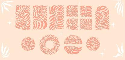 einstellen mit abstrakt minimalistisch Boho modisch Blätter im Mitte Jahrhundert Stil. Silhouette von Palme Blätter im ein Quadrat, Kreis, Halbkreis, Rechteck im ein erdig Palette. vektor