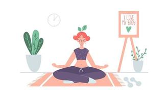 flicka håller på med yoga på Hem. kärlek din kropp. kropp positiv kvinna. Lycklig harmonisk meditation. vektor illustration yoga begrepp.