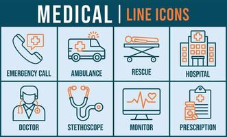 medizinisch Banner Netz Symbol Vektor Illustration zum Notfall Forderung, Krankenwagen, Rettung, Krankenhaus, Arzt, Stethoskop, Monitor und Rezept