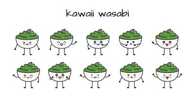 uppsättning av söt wasabi skål sushi maskotar i tecknad serie stil vektor