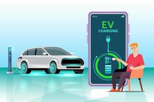 Handy, Mobiltelefon Anwendung Das erzählt das Laden Status von das elektrisch Fahrzeug. Handy, Mobiltelefon Anwendung zum ev Auto Management. Konzept von elektrisch Fahrzeug Aufladung. vektor