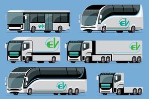 Auto Vektor Vorlage auf Blau Hintergrund. elektrisch Bus, LKW, elektrisch LKW, Anhänger, Automobil im Karikatur Stil. zum Infografiken, Werbung, Netz und Spiel Design.