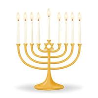 Gold Hanukkiah mit neun Kerzen auf ein sauber Weiß Hintergrund. Ganukka Menora zum neun Kerzen. perfekt zum Ihre Urlaub Entwürfe. Vektor Illustration.