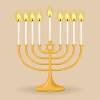Gold Hanukkiah zum neun Kerzen auf ein Beige Hintergrund. Chanukka Leuchter im das bilden von ein Menora mit neun Geäst. perfekt zum Ihre Urlaub Entwürfe. Vektor Illustration.