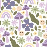 häftig vårsömlösa mönster med tecknad serie blommor, svamp, fred tecken. retro stil, vektor illustration. hand teckning. design för tyg, skriva ut, omslag, textil-