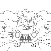 süß wenig Tier Fahren ein Auto gehen zu Wald komisch Tier Karikatur, modisch Kinder Grafik mit Linie Kunst Design Hand Zeichnung skizzieren Vektor Illustration zum Erwachsene und Kinder Färbung Buch.