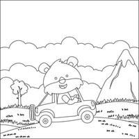 söt liten djur- körning en bil gå till skog rolig djur- tecknad serie, trendig barn grafisk med linje konst design hand teckning skiss vektor illustration för vuxen och barn färg bok.