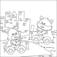 süß zwei wenig Fuchs Karikatur Fahren ein Jahrgang Rennen Wagen. Karikatur isoliert Vektor Illustration, kreativ Vektor kindisch Design zum Kinder Aktivität Färbung Buch oder Buchseite.