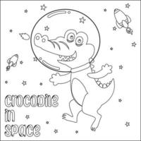 Vektor Illustration von süß Krokodil Astronaut schwebend im Raum. Karikatur isoliert Vektor Illustration, kreativ Vektor kindisch Design zum Kinder Aktivität Färbung Buch oder Buchseite.