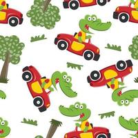 nahtlos Muster von süß wenig Pferd Fahren ein Auto gehen zu Wald komisch Tier karikatur, vektor Illustration. Vektor Illustration. T-Shirt Design zum Kinder. Design Elemente zum Kinder.