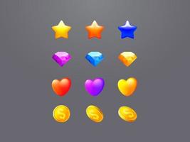 vektor ui ikoner set. samling ikon design för spel, ui, banner, design för app, gränssnitt, spelutveckling. stjärna, diamant, hjärta, mynt ikonuppsättning