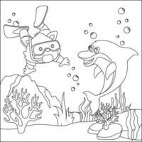 vektor tecknad serie illustration av liten djur- dykning under hav med tecknad serie stil barnslig design för barn aktivitet färg bok eller sida.