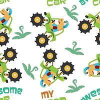 nahtlos Muster von Dinosaurier Reiten Monster- LKW mit Karikatur Stil. kreativ Vektor kindisch Hintergrund zum Stoff Textil, Kindergarten Hintergrund, Baby Kleidung, Verpackung Papier und andere Dekoration
