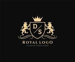 första ds brev lejon kunglig lyx heraldisk, vapen logotyp mall i vektor konst för restaurang, kungligheter, boutique, Kafé, hotell, heraldisk, Smycken, mode och Övrig vektor illustration.