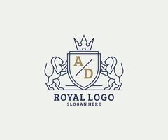 första ad brev lejon kunglig lyx logotyp mall i vektor konst för restaurang, kungligheter, boutique, Kafé, hotell, heraldisk, Smycken, mode och Övrig vektor illustration.