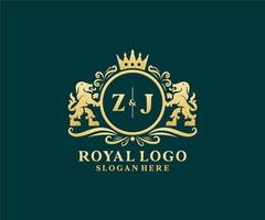 första zj brev lejon kunglig lyx logotyp mall i vektor konst för restaurang, kungligheter, boutique, Kafé, hotell, heraldisk, Smycken, mode och Övrig vektor illustration.