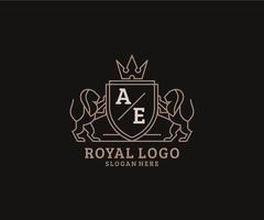 första ae brev lejon kunglig lyx logotyp mall i vektor konst för restaurang, kungligheter, boutique, Kafé, hotell, heraldisk, Smycken, mode och Övrig vektor illustration.