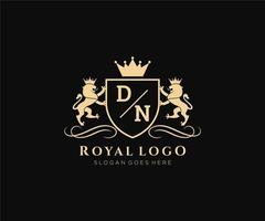 första dn brev lejon kunglig lyx heraldisk, vapen logotyp mall i vektor konst för restaurang, kungligheter, boutique, Kafé, hotell, heraldisk, Smycken, mode och Övrig vektor illustration.